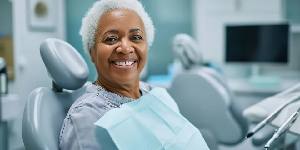 Satisfied African American senior woman at dentist's office looking at camera